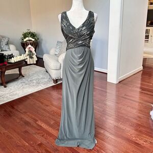 Ralph Lauren Evening Grey Plunge Neck Sequined Formal Gown Dress Size 14